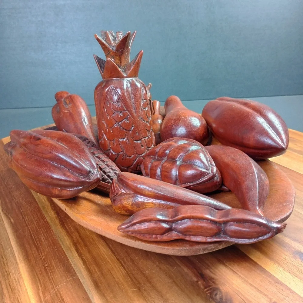 Vintage MCM Wooden Fruit Bowl with 10 pc Wooden Fruit Veggie‎ Decorative Dish